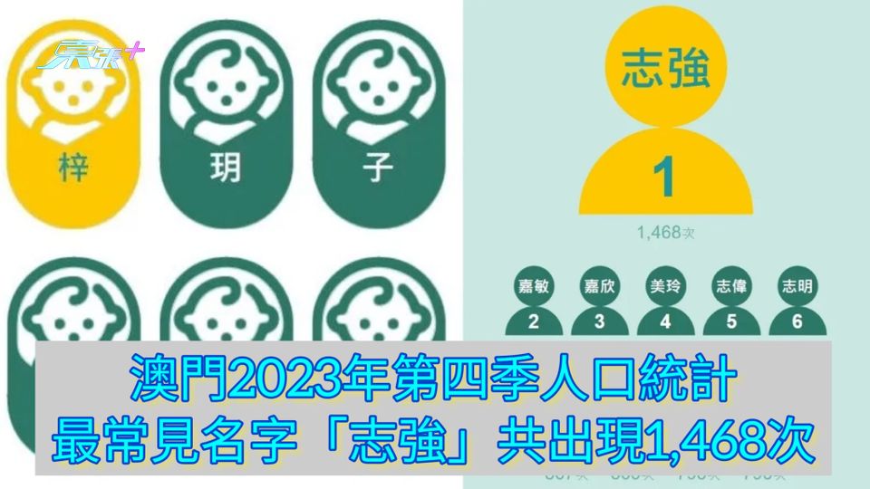 澳門2023年第四季人口統計 最常見名字「志強」共出現1,468次