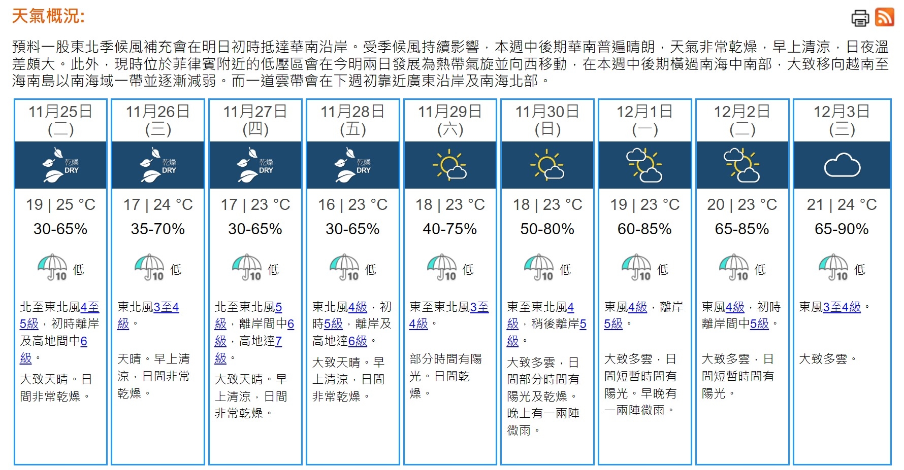 展望本週，天氣持續大致天晴及乾燥，日夜溫差頗大，中至後期早晚清涼，市民需注意保暖。(香港天文台)