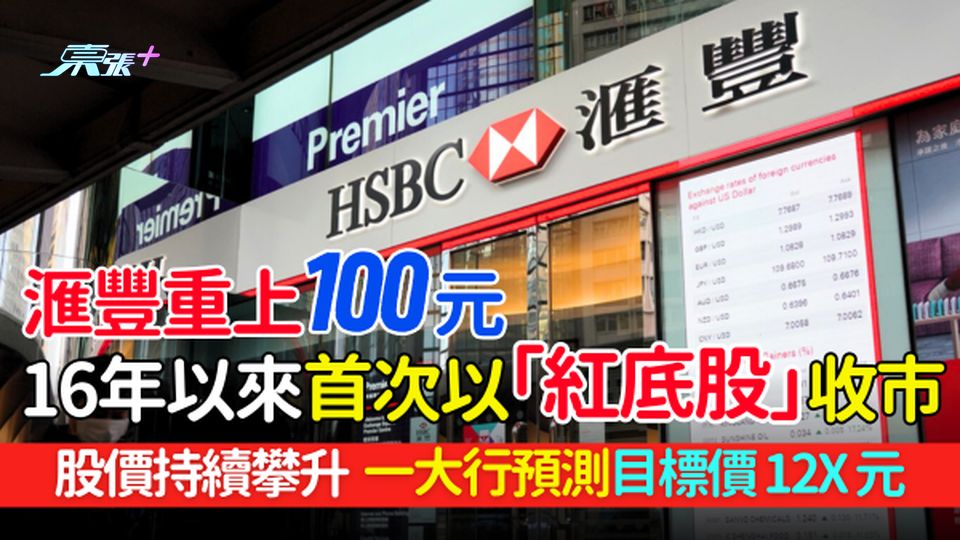 藍籌股｜滙豐重上100元 16年來首次以「紅底股」收市 股價持續攀升/一大行預測目標價12X元