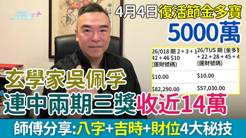六合彩攻略｜4.4復活節金多寶估計達5000萬 玄學家吳佩孚連中兩期收14萬 八字+吉時+財位秘技