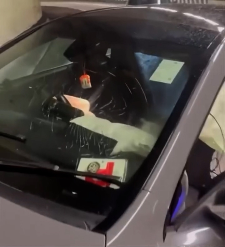 涉事私家車掛有P牌，車頭擋風玻璃破裂。（Facebook影片截圖／車cam L（香港群組）／車cam L） 