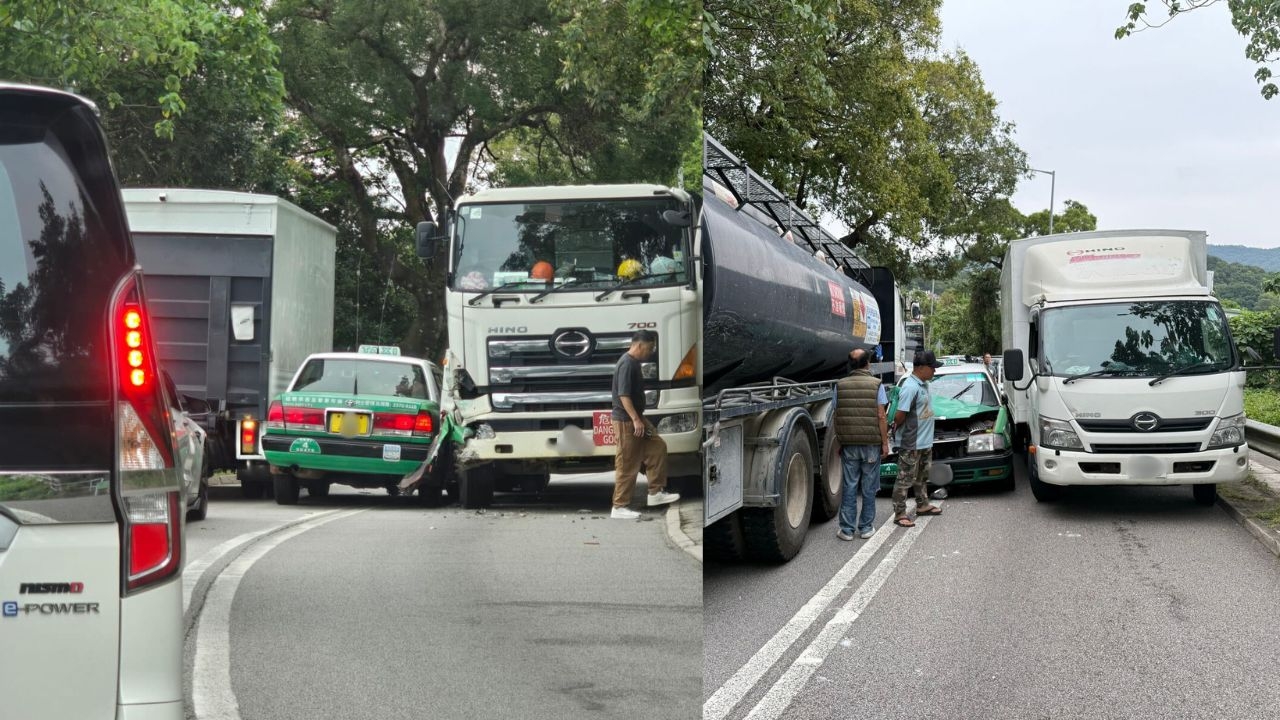 兩車停在路中，尾隨車輛需繞道而行，期間一輛密斗貨車駛至，因路面空間不足未能通過，最終三車堵塞大網仔路，現場出現長長車龍。