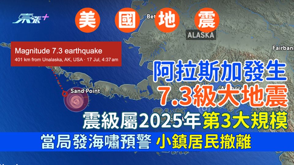 美國地震｜阿拉斯加發生7.3級大地震 震級屬2025年第3大規模/引發海嘯預警/小鎮居民撤離