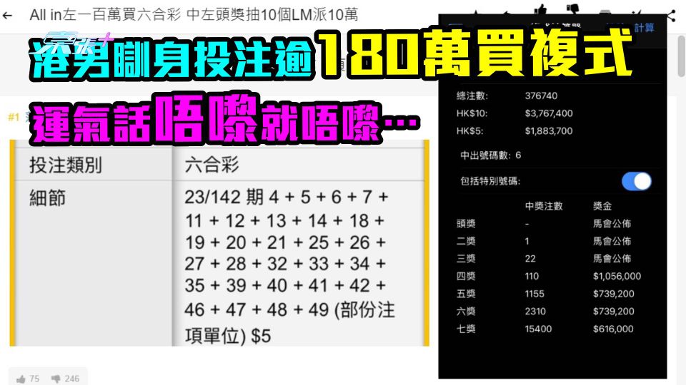 慘蝕六合彩｜港男瞓身投注逾180萬買複式　運氣話唔嚟就唔嚟…