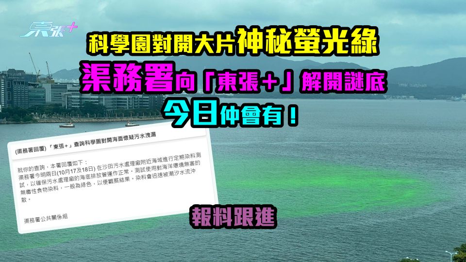 報料跟進｜科學園對開海面神秘螢光綠　渠務署向「東張＋」解開謎底　今日仲會有！