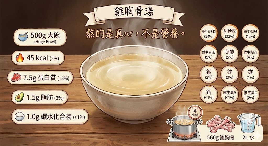 May be an image of text that says '雞胸骨湯 500g 500g大碗 大碗 (Huge Bowl) 45 kcal kcal(2%) (2%) 熬的是真心，不是營養 不是營養。 熬的是真心 經生素B12 (54%) 菸齡素 (32%) 維生素B6 (13%) 7.5g蛋白質（13%） 7.5g 蛋白質 (13%) 維生素B2 (9%) 葉酸 (5%) 維生素B1 (4%) 1.5g 1.5g脂肪（ 脂肪 (3%) 鐵 (3%) 鋅 (3%) 鉄 (1%) 1.0g 碳水化合物 0g碳水化合物（<1%) (<1%) 钙 (<1%) 維生素A (<1%) 維生素C (0%) 小時 ប្េវជិន 560g 560g鷄胸骨 鷄胸骨 2L水'
