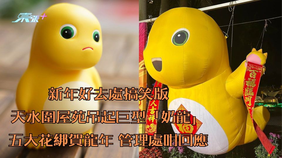 新年好去處搞笑版︱天水圍屋苑吊起巨型「奶龍」五大花綁賀龍年 管理處咁回應