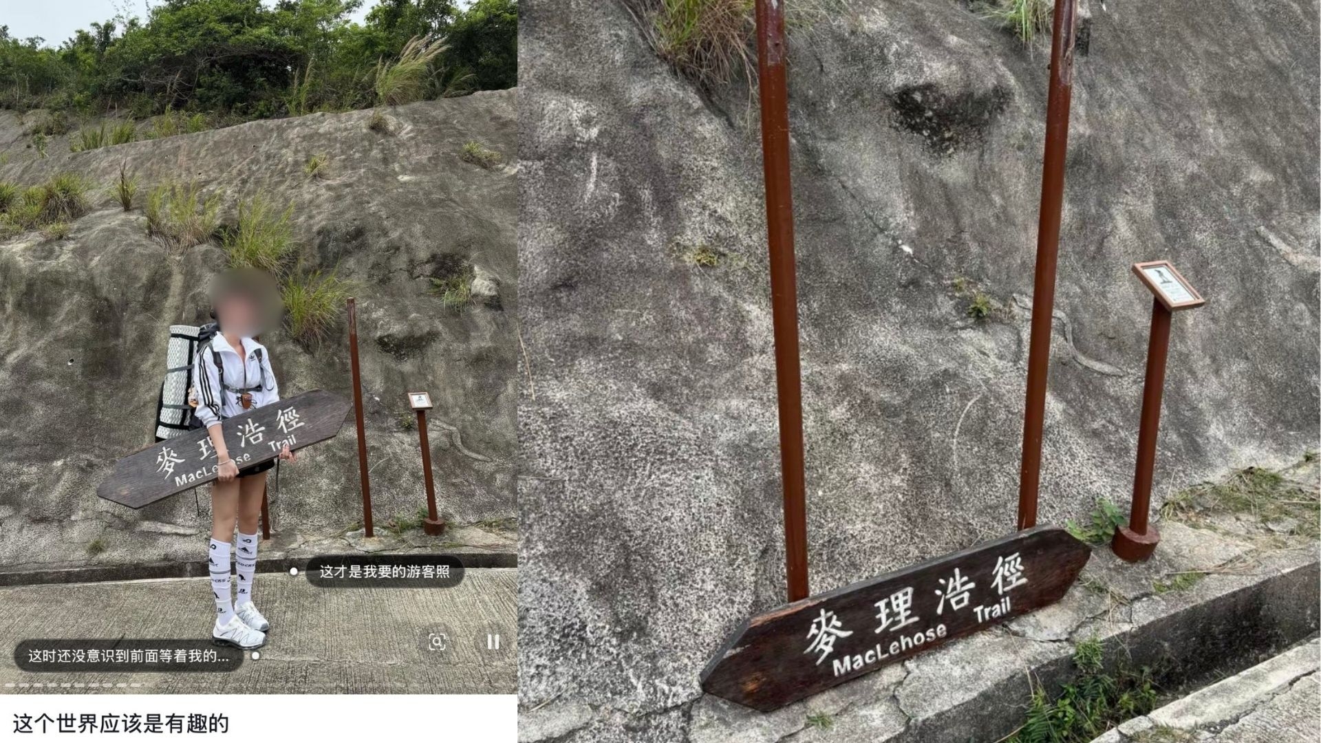 一名女子身穿運動裝，手抱麥理浩徑路牌拍照，並標註「這才是我要的遊客照」
