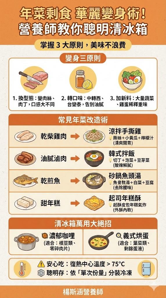 May be an image of text that says '年菜剩食 食華麗變身術！ 營養師教你聰明清冰箱 掌握3大原則，美味不浪費 掌握3大原則， 美味不浪費 變身三原則 1. 1.換型態 變肉絲、 1.換型態：變肉絲、 2.轉口味：中轉西、3.加新料：大量蔬菜 2.轉口味：中轉西、 .轉口味： 中轉西、 、3.加新料：大量蔬菜 3. 3.加新料： 大量蔬菜 肉丁，口感大不同 台變泰 台變泰，告別油膩 告別油膩 、雞蛋稀釋重味 乾柴鷄肉 常見年菜改造術 涼手撕雞 撫精+小黃瓜+檸檬汁 （清爽開胃） 油膩滷肉 韓式拌飯 切丁+泡藥+豆芽菜 豆芽菜 （酸辣解膩） 乾煎魚 砂鍋魚頭湯 魚骨熱渴+白聚+豆腐 豆腐 （去除腥味） 甜年糕 起司年糕酥 起酥皮包年糕氣炸 （外酥内软） 清冰箱萬用大絕招 濃郁咖哩 （適合 根萃類、 零碎肉片） Q義式烘蛋 （適合： 適合：葉菜類、 葉菜類、 剩餘蛋液) 安心吃： :復熱中心溫度>75°C 樂聰明存：依「單次份量」分裝冷凍 聰明存：依 「單次份量」 分裝冷凍 聰明存 楊斯酒營養師'