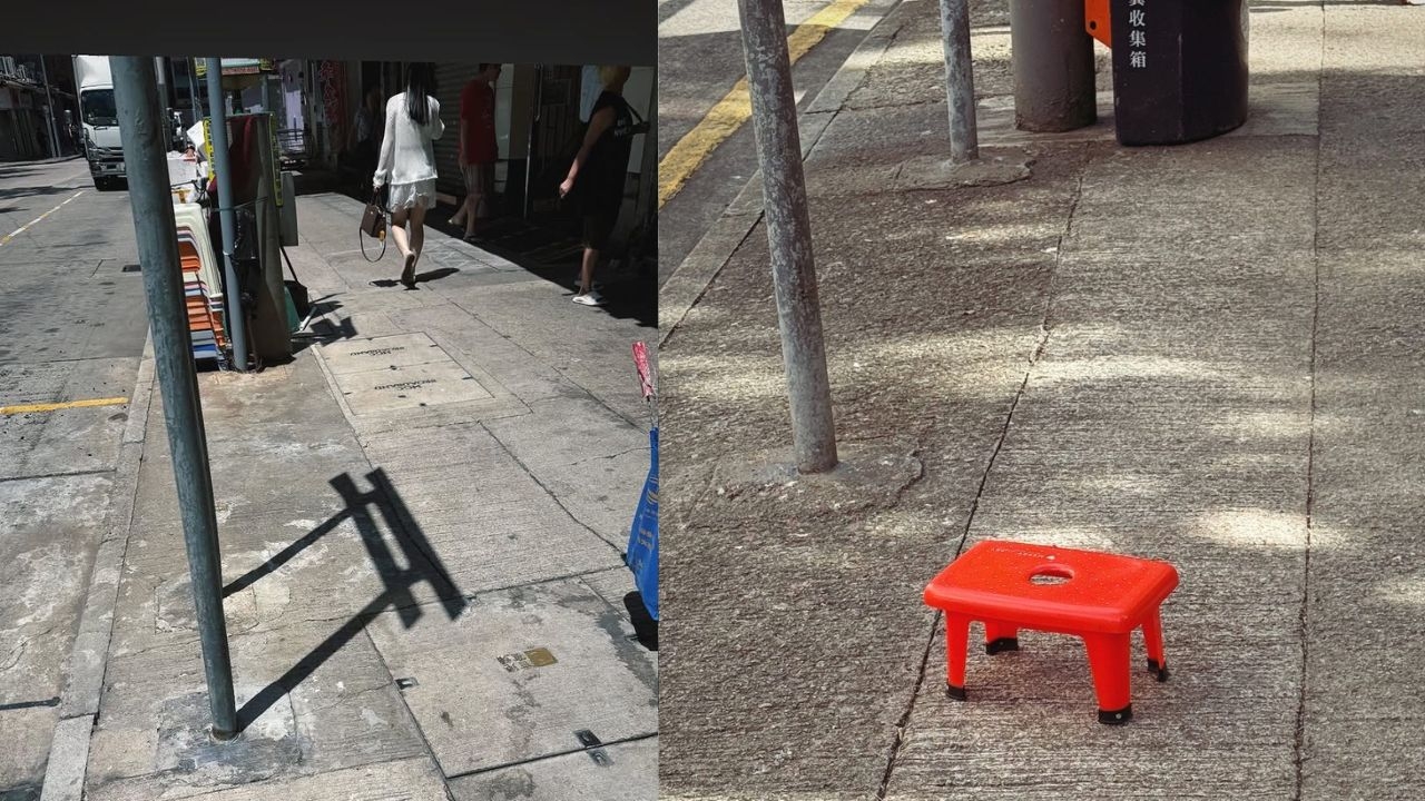 照片中，一張紅色小板凳與街道牌的倒影，皆構成酷似鳥居的畫面。