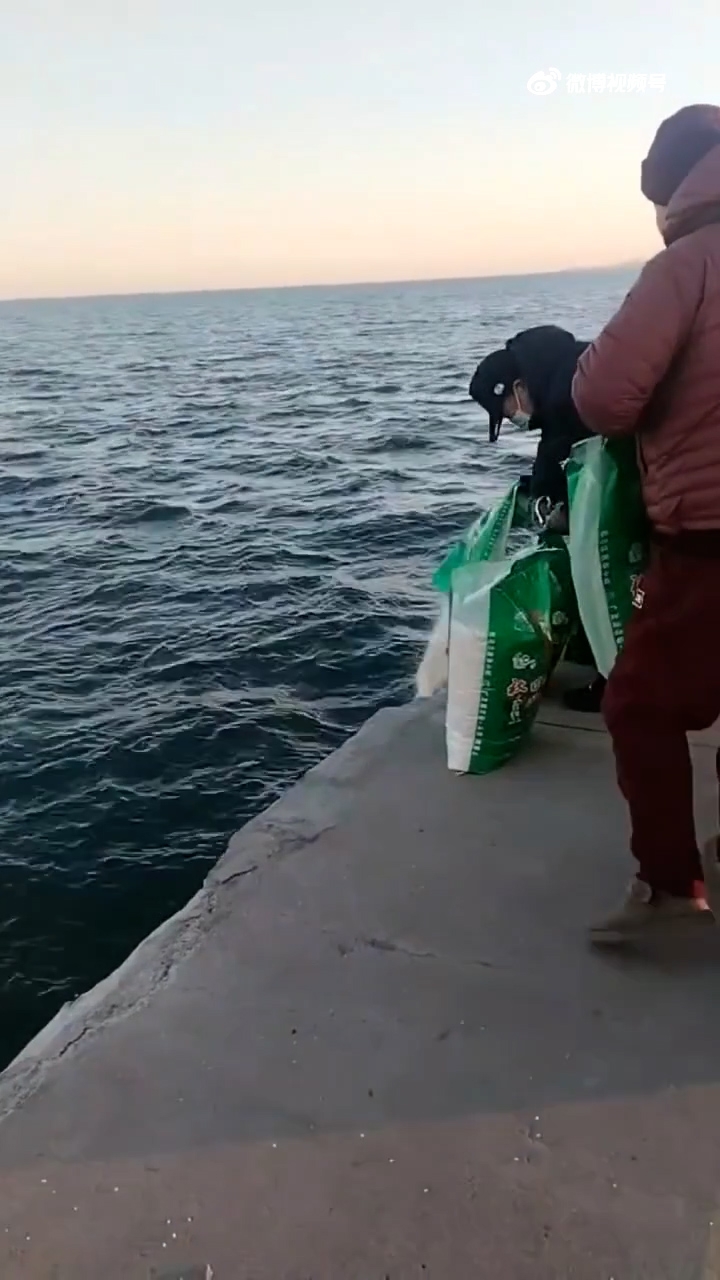 在事發現場，數名中老年人將多袋已開封的大米傾倒入海。（網上影片截圖）