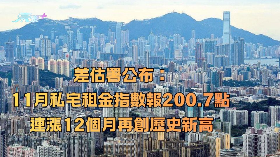差估署公布：11月私宅租金指數報200.7點 連漲12個月再創歷史新高