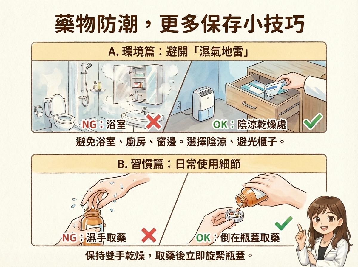 May be an image of text that says '樂物防潮， 藥物防潮，更多保存小技巧 更多保存小技巧 A.環境篇：避開濕氣地雷」 A. 環境篇： 选幸開 「濕氣地雷」 NG:浴室一X X NG: NG:浴室 浴室 OK: Οκ K:陰涼乾燥處 避免浴室、廚房、咨邊。選擇偉涼、避光櫃子， 廚房 譯免浴事 窗邊。 選擇陰涼 避光櫃子。 B. B.習慣篇：日常使用細節 習慣篇 日常使用細節 :濕手取薬× x NG 濕手取藥 ΟK: OK:倒在瓶蓋取藥 保持雙手乾燥， 保持雙手乾燥，取藥後立即旋緊瓶蓋。 取藥後立即旋緊瓶蓋'