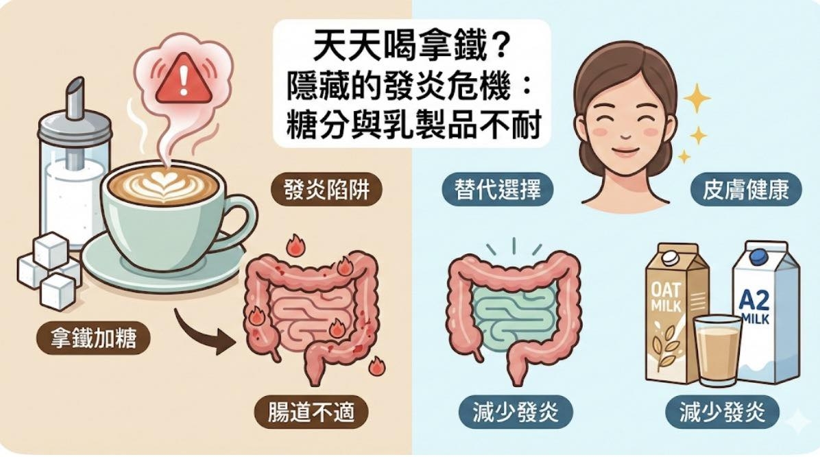 May be an image of text that says '天天喝拿鐵？ 隱藏的發炎危機： 糖分與乳製品不耐 發炎陷阱 替代選擇 皮膚健康 拿鐵加糖 OAT MILK ဒ 0 A2 MILK 腸道不適 減少發炎 減少發炎'