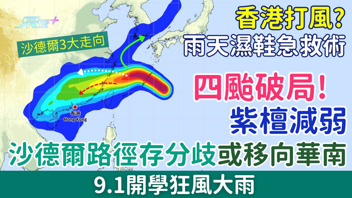 香港打風｜四颱破局！紫檀減弱、沙德爾路徑存分歧或移向華南 9.1開學狂風大雨 雨天濕鞋急救術