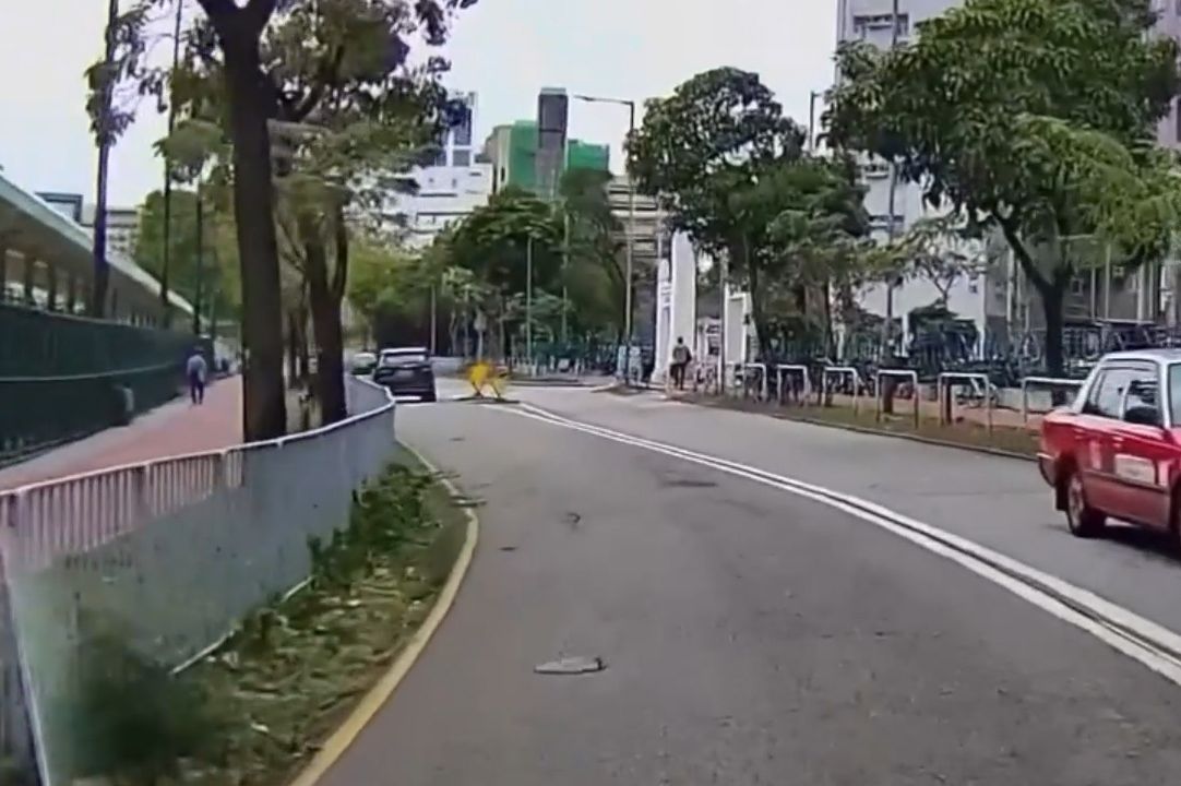 香港男子違規過馬路跨欄，慘變「另類炒車」過程全拍下。(影片截圖)