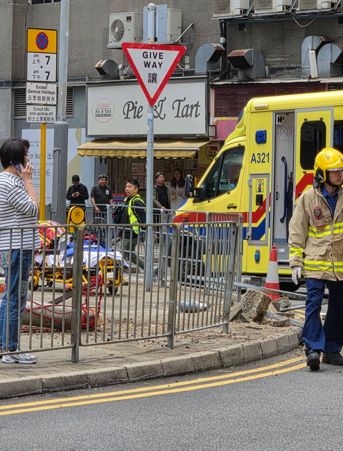 涉事私家車失事，撞斷欄杆剷上行人路，行人路上的樹倒塌，有傷者分別倒在行人路和馬路。（網上圖片）