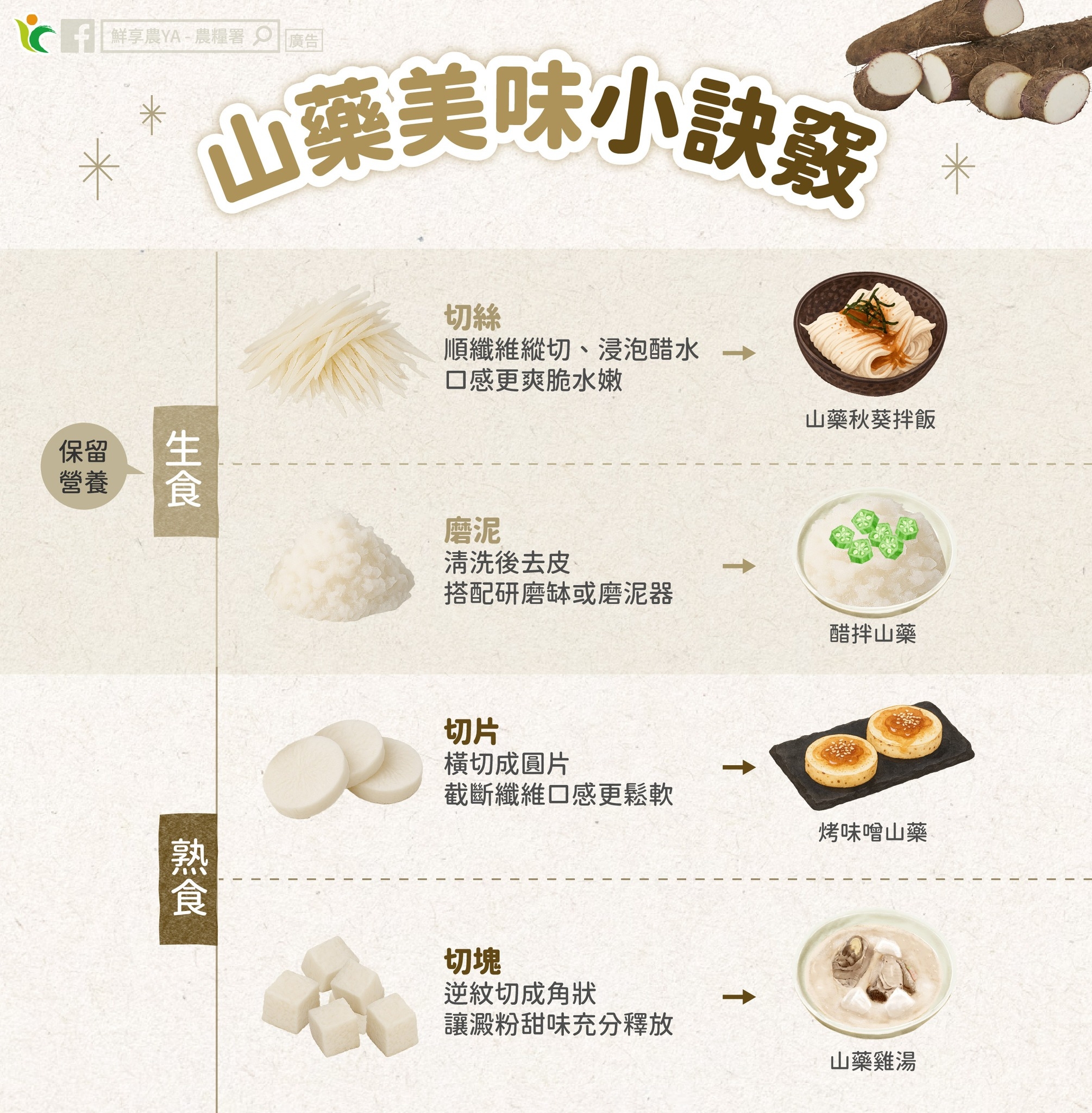 May be an image of tofu, dim sum, shiitake mushrooms and text that says '洋芋農YA-美0蛋0店 洋芋農YA-農岩 真量笔 洋芋農YA 山藥美味小訣發 切絲 順纖維縱切、 順纖維縱切、浸泡醋水 浸泡醋水 口感更爽脆水嫩 賽 餐 食 保留 生 營養 山藥秋要拌飯 磨泥 清洗後去皮 搭配研磨体或磨泥器 醋拌山藥 切片 横切成団片 截断纖維口感更鬆軟 熟 食 烤味噌山藥 切塊 逆紋切成角狀 讓澱粉甜味充分釋放 山藥鷄湯'