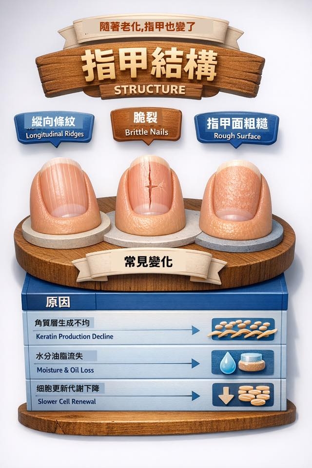 May be an image of text that says '隨著老化 隨著老化,指甲也變了 指甲也變了 指甲結構 STRUCTURE 縱向條紋 Longitudinal LongitudinalRidges Ridges 脆裂 BrittleNails Brittle Nails 指甲面粗糙 RoughSurface Rough Surface 常見變化 常見變化 原因 酒蜜車经路生信版 角質層生成不均 Keratin Production KeratinProductionDecline Decline 水分油脂流失 Moisture Moisture&OilLoss Oil Loss SECe8 细胞更新代謝下降 Slower SlowerCellRenewal Cell Renewal ಕ'