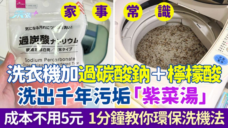 家事常識｜洗衣機加過碳酸鈉＋檸檬酸洗出千年污垢「紫菜湯」成本不用5元 1分鐘教你環保洗機法