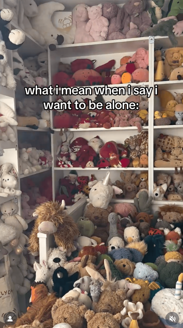 羅拔絲的臥室已徹底被Jellycat商品「攻陷」，變成了一座微型Jellycat博物館。（羅拔絲社交媒體圖片）