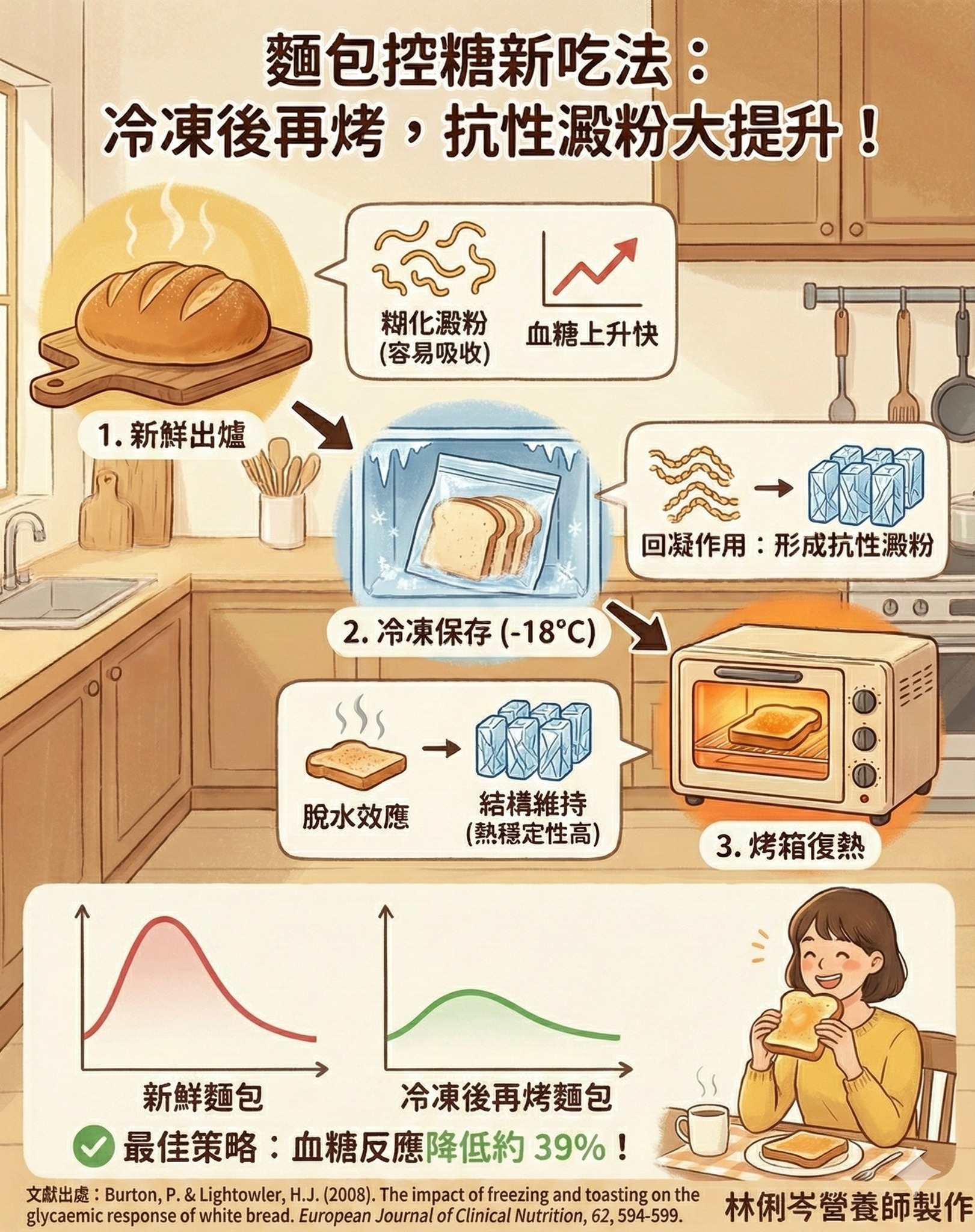 May be an image of text that says '麵包控糖新吃法： 冷凍後再烤 考，抗性澱粉大提升！ โจ3 糊化澱粉血糖上升快 糊化澱粉 血糖上升快 （容易吸收） 1. 新鮮出爐 回疑作用 回凝作用：形成抗性澱粉 形成抗性澱粉 2. 冷凍保存 冷凍保存（-18C） (-18°C） 脫水效應 結構維持 （熱穩定性高） 3. 烤箱復熱 新鮮麵包 冷凍後再烤麵包 最佳策略： ：血糖反應降低約39%！ 39%! 文獻出處 Burton, .&Lightowler H.J. (2008). The impact ffreezine and andtoasting the htateiie.oeohttt glycaemicr response of white bread. European Journal fClinical Nutrition, คูตขดรประริรานระระเรราวาย 62, 594-599. 林俐岑營養師製作'