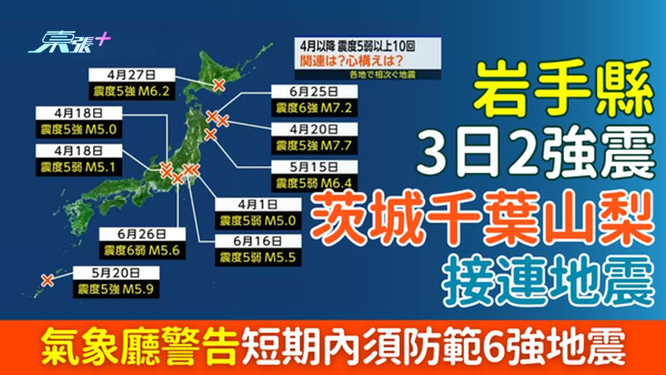 遊日注意｜岩手3日2強震 茨城千葉山梨接連地震！氣象廳警告短期內須防6強地震，港人防災貼士