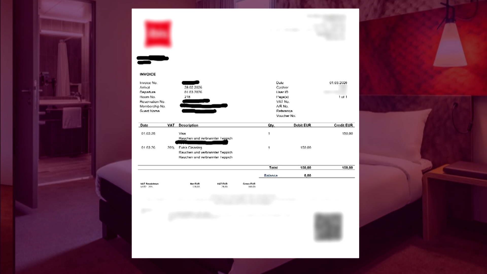 酒店指，檢查後發現房間內有煙味，而地毯有被燒過的痕跡，因此要向他收取300歐元，即近3000港元。