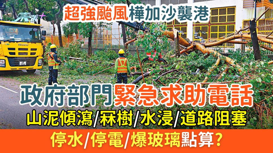 超級颱風樺加沙襲港 山泥傾瀉/冧樹/水浸/道路阻塞/停水停電/爆玻璃點算？政府部門緊急求助電話