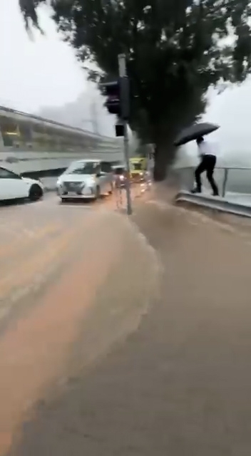 防撞欄附近路面被水淹浸。