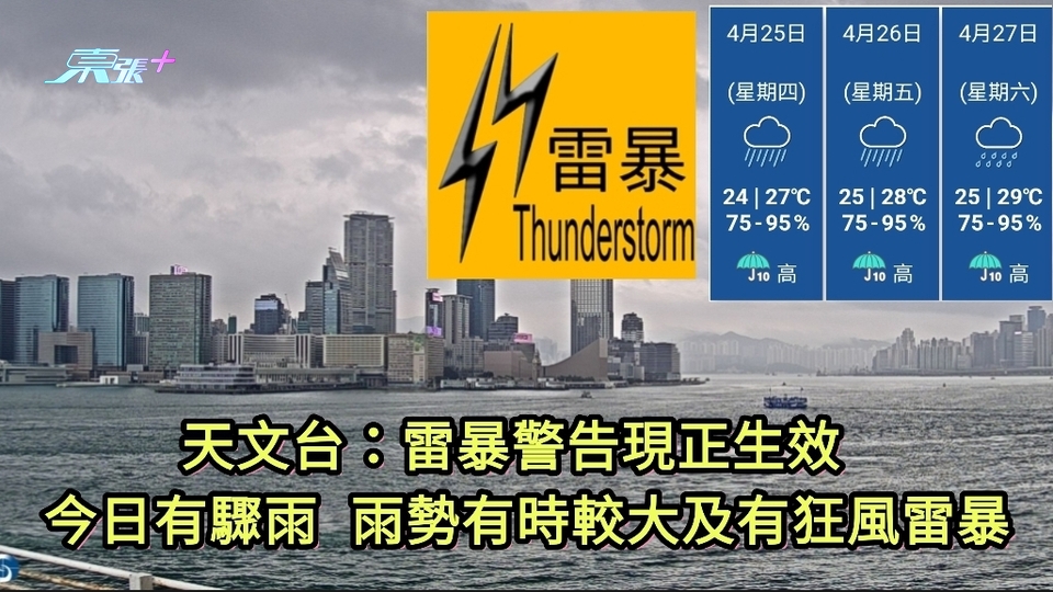 天文台：雷暴警告現正生效 本港今日有驟雨 雨勢有時較大及有狂風雷暴 