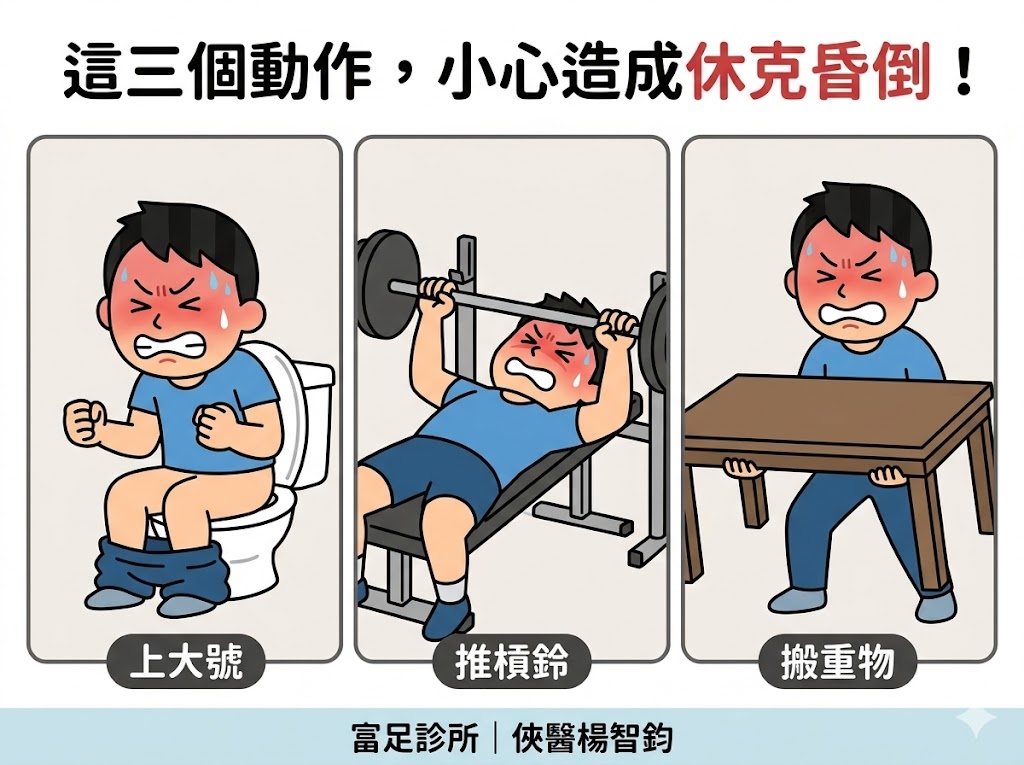 May be an image of ‎text that says '‎這三個動作，小心造成休克昏 這三個動作， 小心造成休克昏倒！ 上大號 ن 推橫鈴 חי0 حسس 搬重物 富足診所 富足診所俠醫楊智鈞 俠醫楊智鈞‎'‎