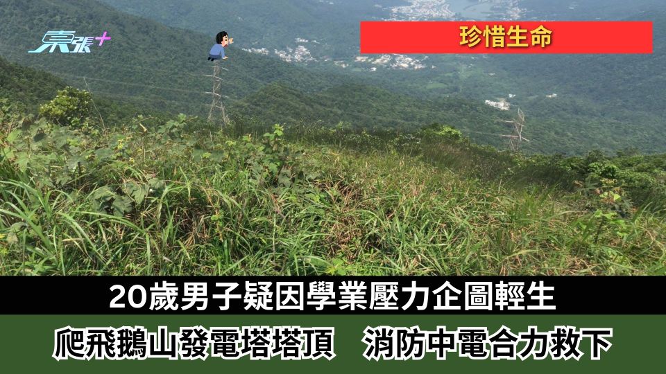 珍惜生命｜20歲男子疑因學業壓力企圖輕生　爬飛鵝山發電塔塔頂　消防中電合力救下