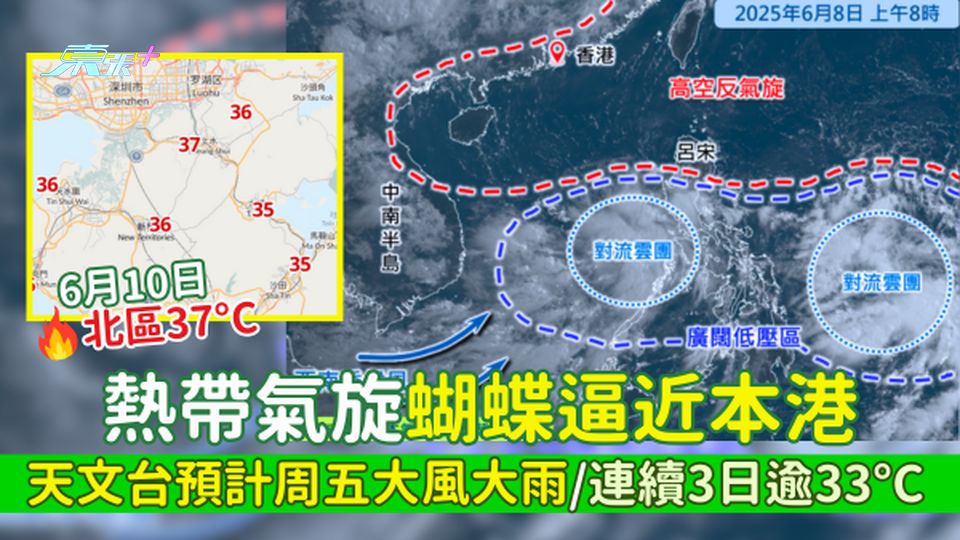 香港打風｜熱帶氣旋蝴蝶逼近本港 預計周五大風大雨/天文台連續3日逾33°C 北區37°C