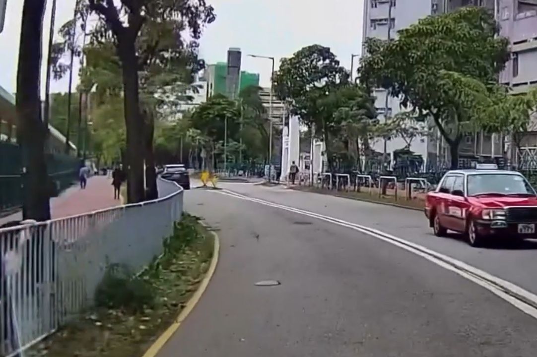 香港男子違規過馬路跨欄，慘變「另類炒車」過程全拍下。(影片截圖)