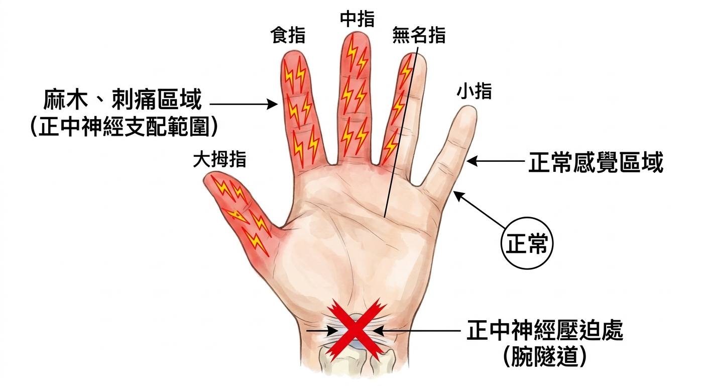 May be an image of ‎text that says '‎中指 食指 無名指 麻木、 、刺痛區域 （正中神經支配範圍） 大拇指 小指 小指 ط 正常感覺區域 正常 正中神經壓迫處 （腕隧道）‎'‎