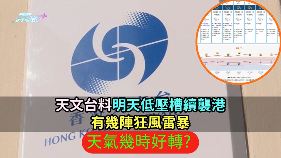 天文台料明天低壓槽續襲港有幾陣狂風雷暴  天氣幾時好轉? 