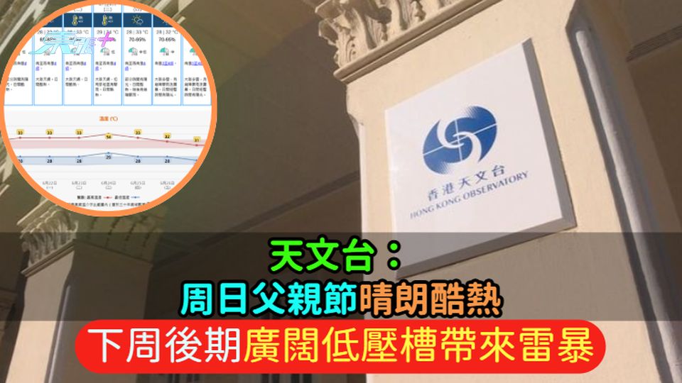 天文台：周日父親節晴朗酷熱  下周後期廣闊低壓槽帶來雷暴