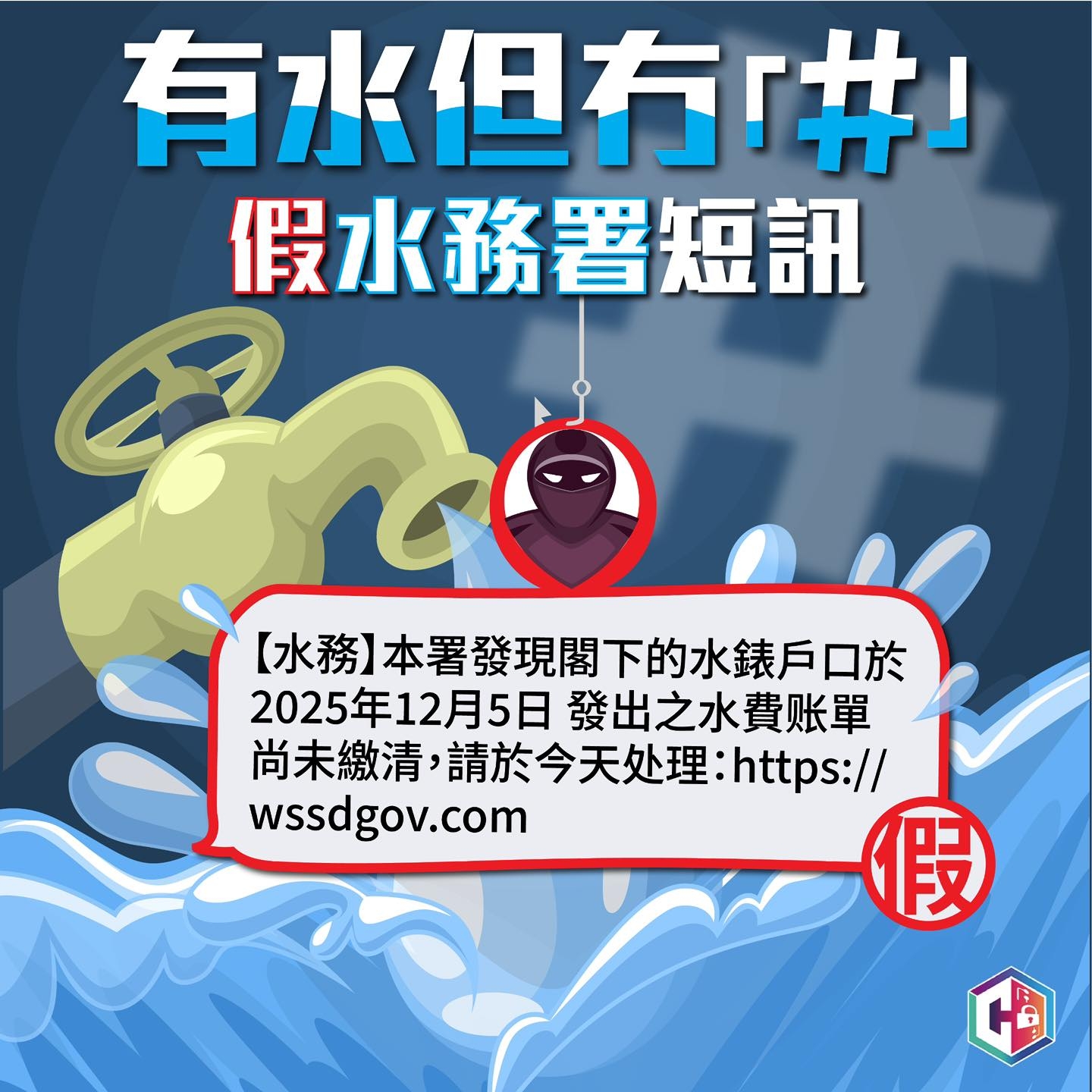 警方本月至今（1月30日）接獲近140宗釣魚短訊舉報，損失逾940萬港元，其中涉及假冒水務署騙案佔超過四成，涉款逾78萬港元。（Facebook圖片／CyberDefender 守網者）