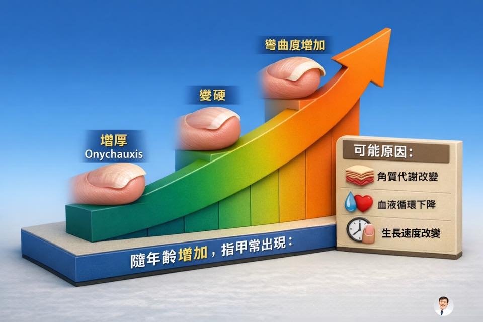 May be an image of text that says '彎曲度増加 變硬 增厚 Onychauxis 可能原因： 角質代謝改變 血液循環下降 隨年齡增加，指甲常出现： 指甲常出現： 隨年齡增加， 生長速度改變'