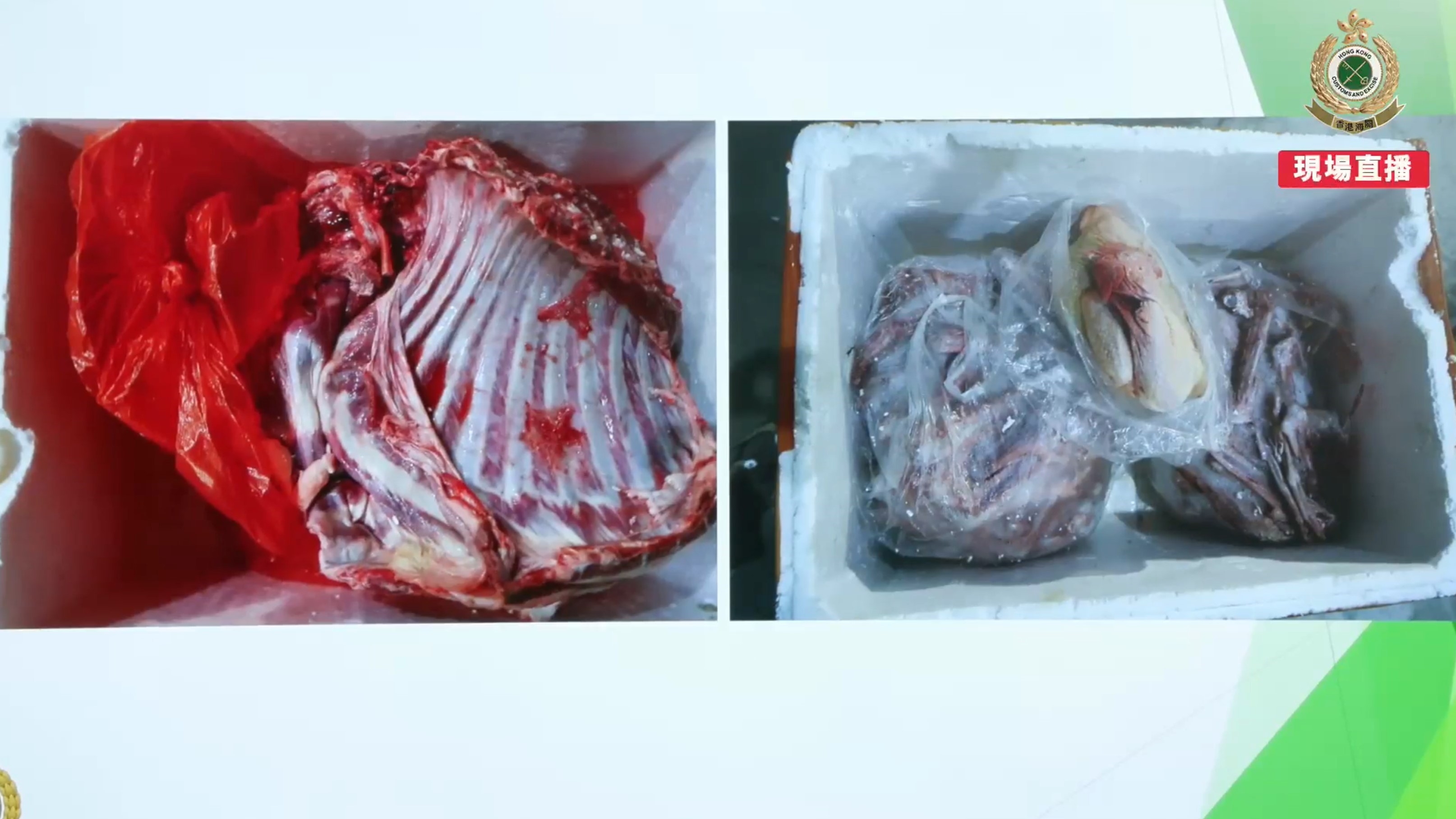 海關檢獲超過4000公斤走私凍肉及食品，市值約40萬元。（海關Facebook直播截圖）