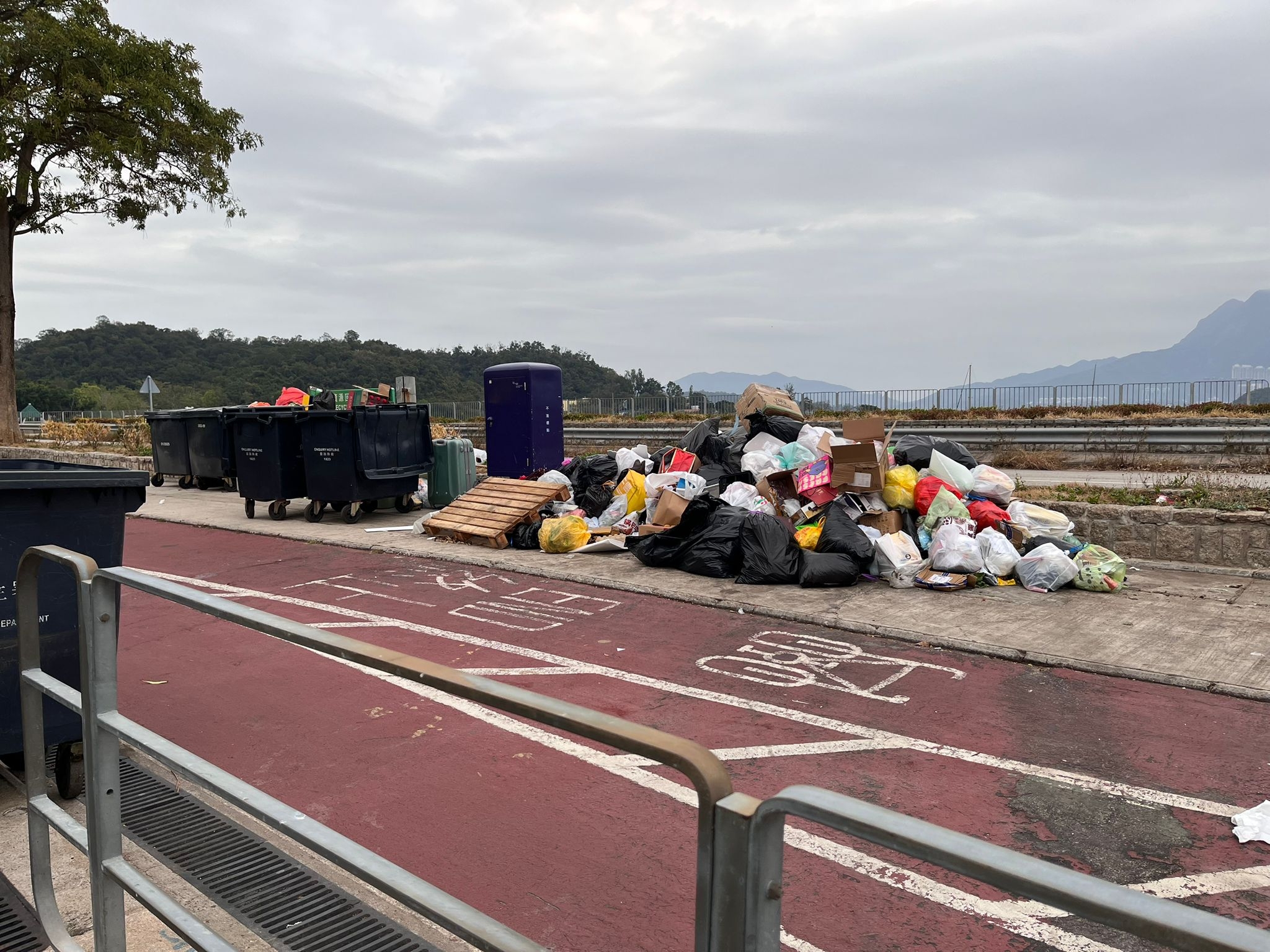 在大埔龍尾村，垃圾被放置在行人路再收集。（報料觀眾提供圖片）