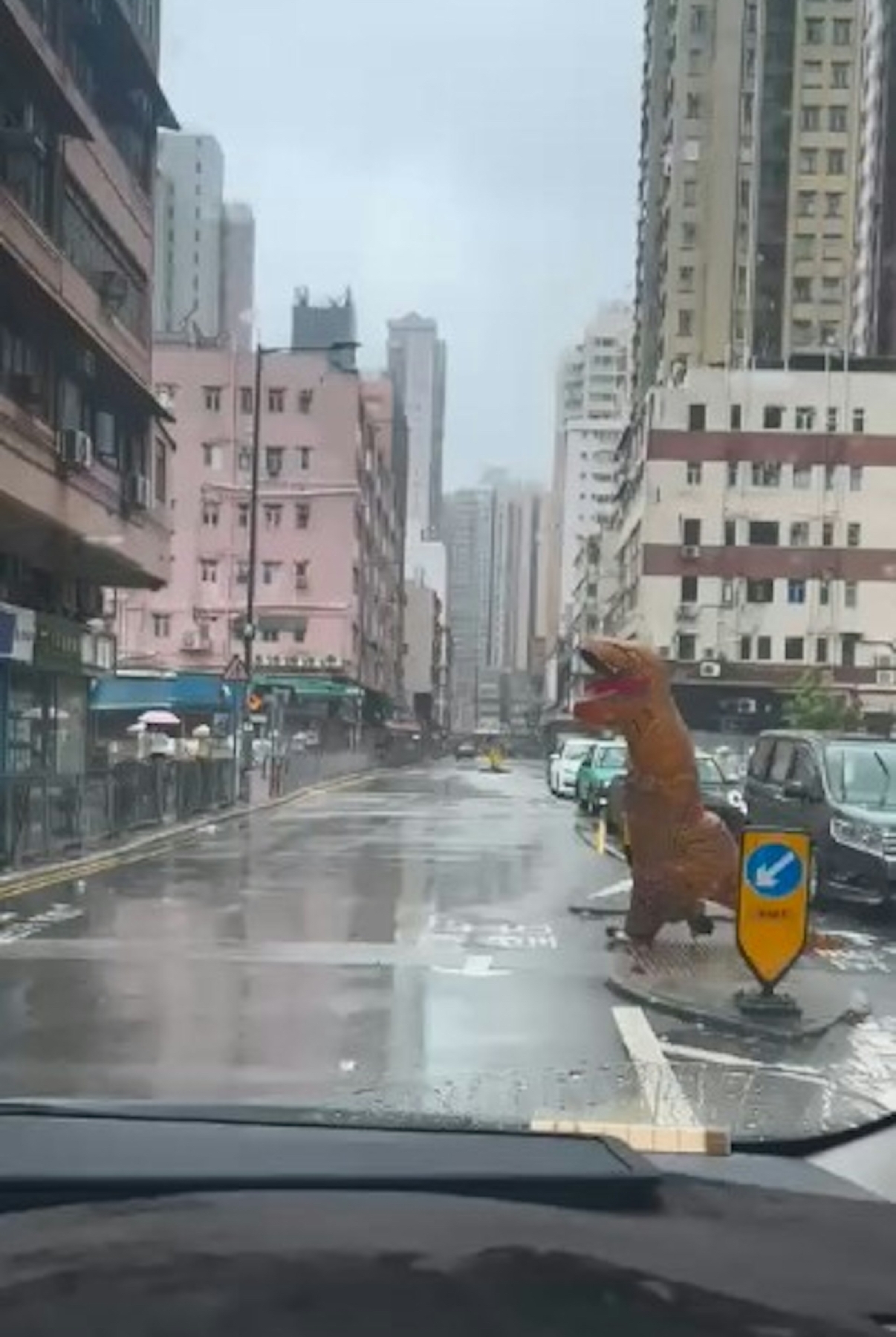 颱風韋帕｜十號波來襲　市民搞笑穿「吹氣恐龍」服穿梭街頭惹網民熱議