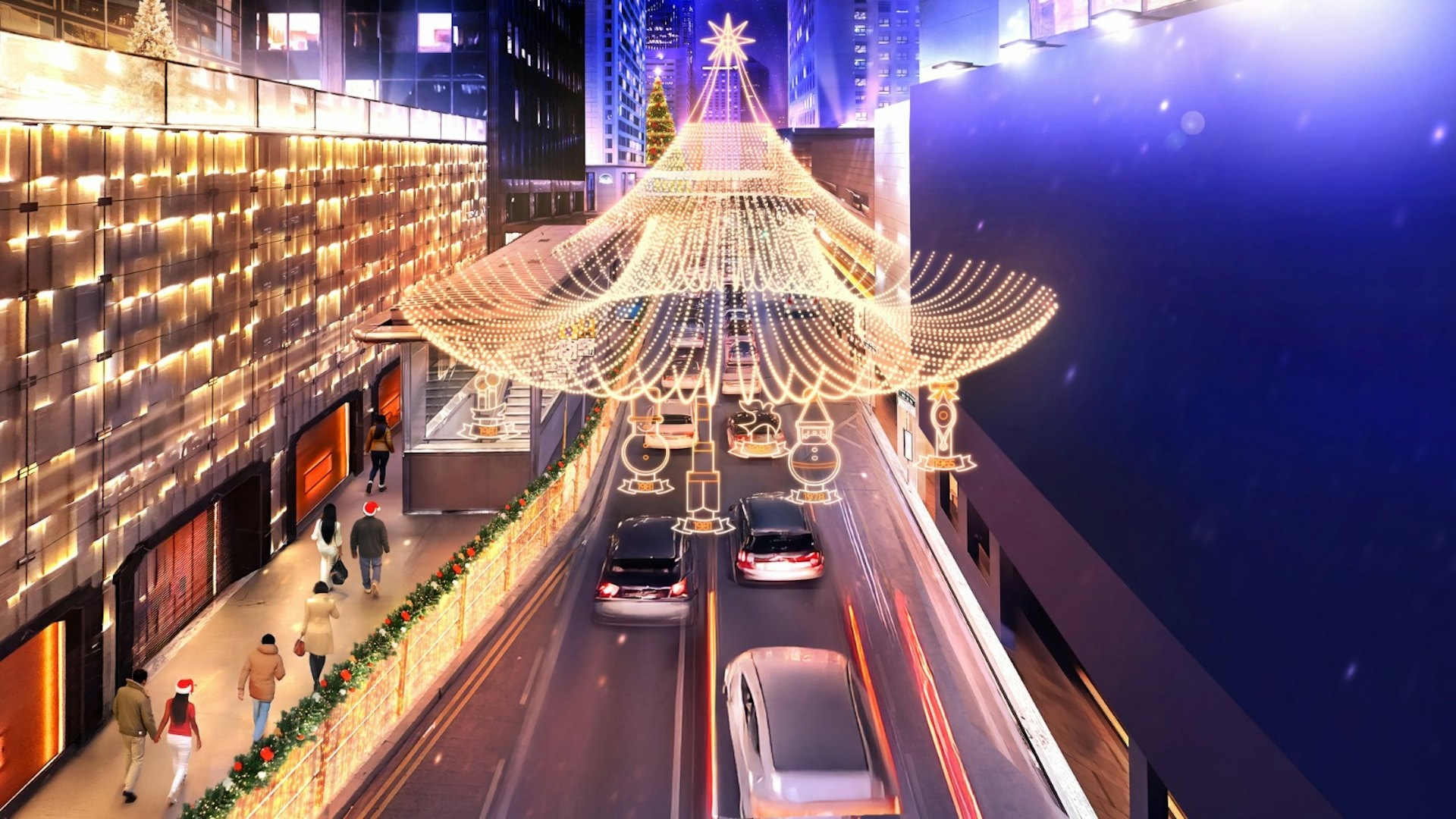 遮打大廈入口上空也有懸掛聖誕樹燈飾，燈光將點亮遮打道。（旅發局設計圖片）