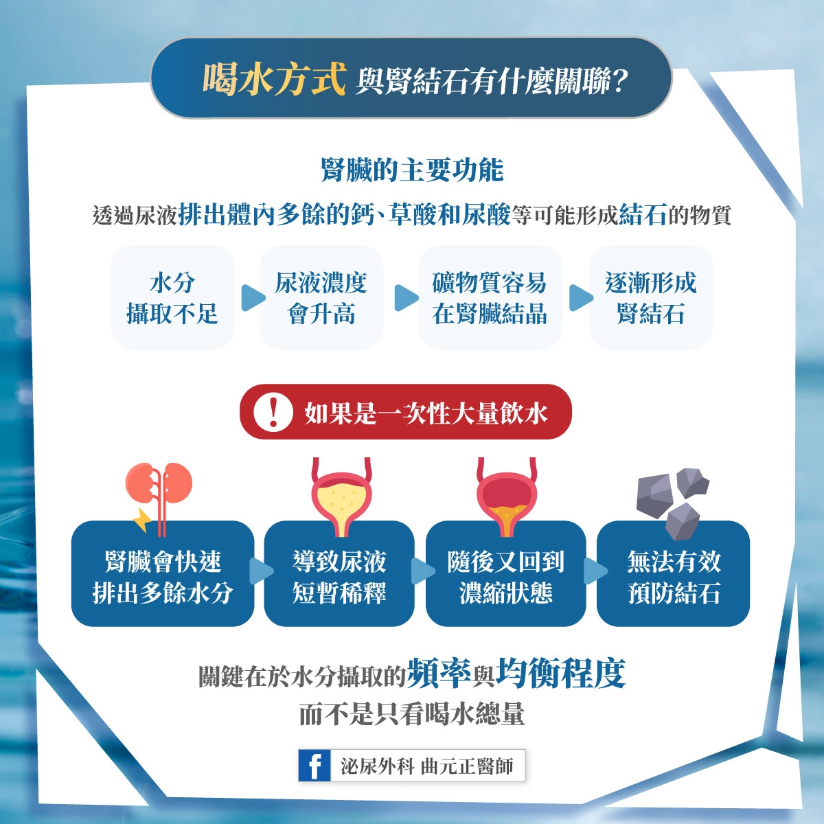 May be an image of text that says '喝水方式 喝水方式與腎給石有什麽關嘴？ 與腎結石有什麽關聯？ 腎臟的主要功能 透過尿液排出體内多餘的鈣、 出灣内多館的等、草酸和尿酸可能防成新石的的 草酸和尿酸等可能形成給石的物質 水分 攝取不足 尿液濃度 會升高 礦物質容易 在腎臟結晶 逐漸形成 腎結石 如果是一次性大量飲水 如果是 腎臟會快速 導致尿液 排出多餘水分 排出多餘水分短暫稀釋 短暫稀釋 隨後又回到 濃緒狀態 無法有效 預防結石 關建在於水分攝取的頻粹與均衡程度 而不是只看喝水總量 f 泌尿外科曲元正醫師 泌尿外科 曲元正醫師'
