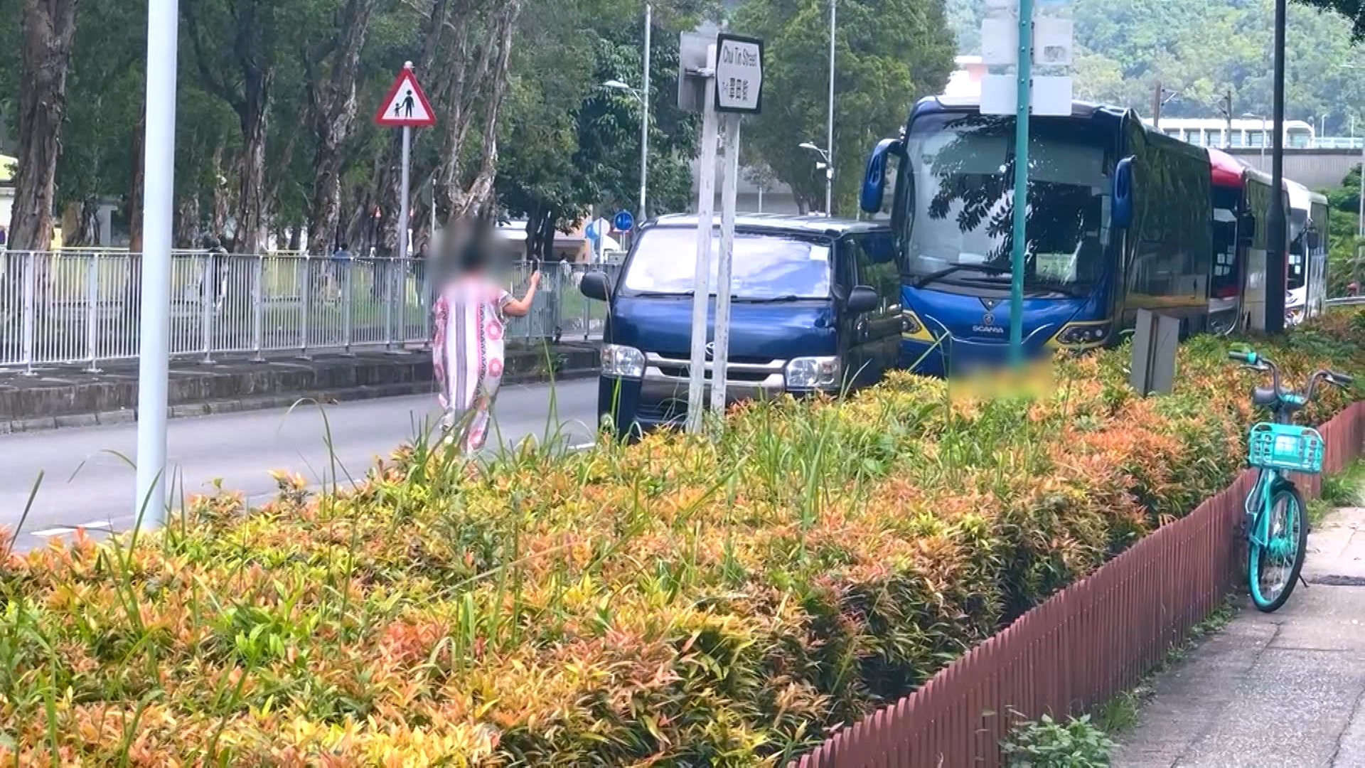 她先走進便利店放下買菜手推車，之後，她化身「正義使者」，看到路邊有旅遊巴停泊，立刻急步衝出馬路，又拿著手機拍照記錄。