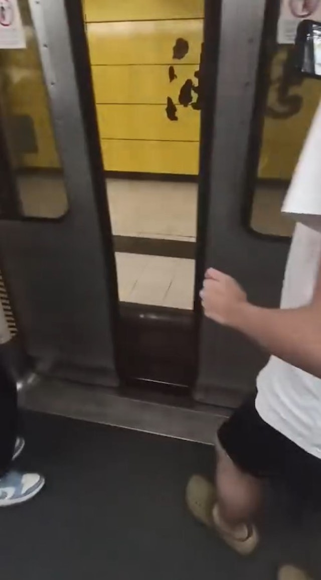兩名男子「縮腳」後，列車門迅速關上。（網上片段截圖）