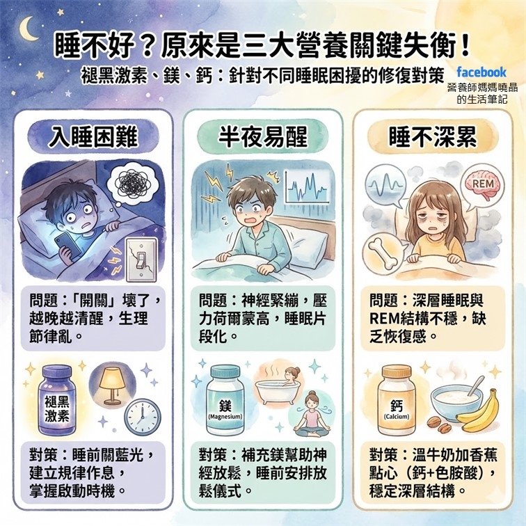 May be an illustration of text that says '睡不好？ 原來是三大營養關鍵失衡！ 褪黑激素 這黑激素、緣、钙：針對不同睡眠困擾的修復對赞. 、銭 、銭、鈣： 鈣： 針對不同睡眠困擾的修復對策 facebook 營養師烤媽曉晶 的生活筆記 入睡困難 半夜易醒 睡不深累 REM 問題 「開關」 問題：「開關」壊了 壞了， 越晚越清醒，生理 生理 節律亂。 問題： :神經緊綳，壓 壓 力荷爾蒙高， 睡眠片 段化。 問題 深層睡眠與 REM結構不穩 缺 乏恢復感。 视黑 激素 送 (Magnesium) 纸 (Calciam) 對策 睡前關藍光， 建立規律作息， 掌握啟動時機。 對策： 補充銭幫助神 經放鬆 睡前安排放 鬆儀式。 對策 討策：溫牛奶加香蕉 點心 （鈣+色胺酸） 穩定深層結構。'