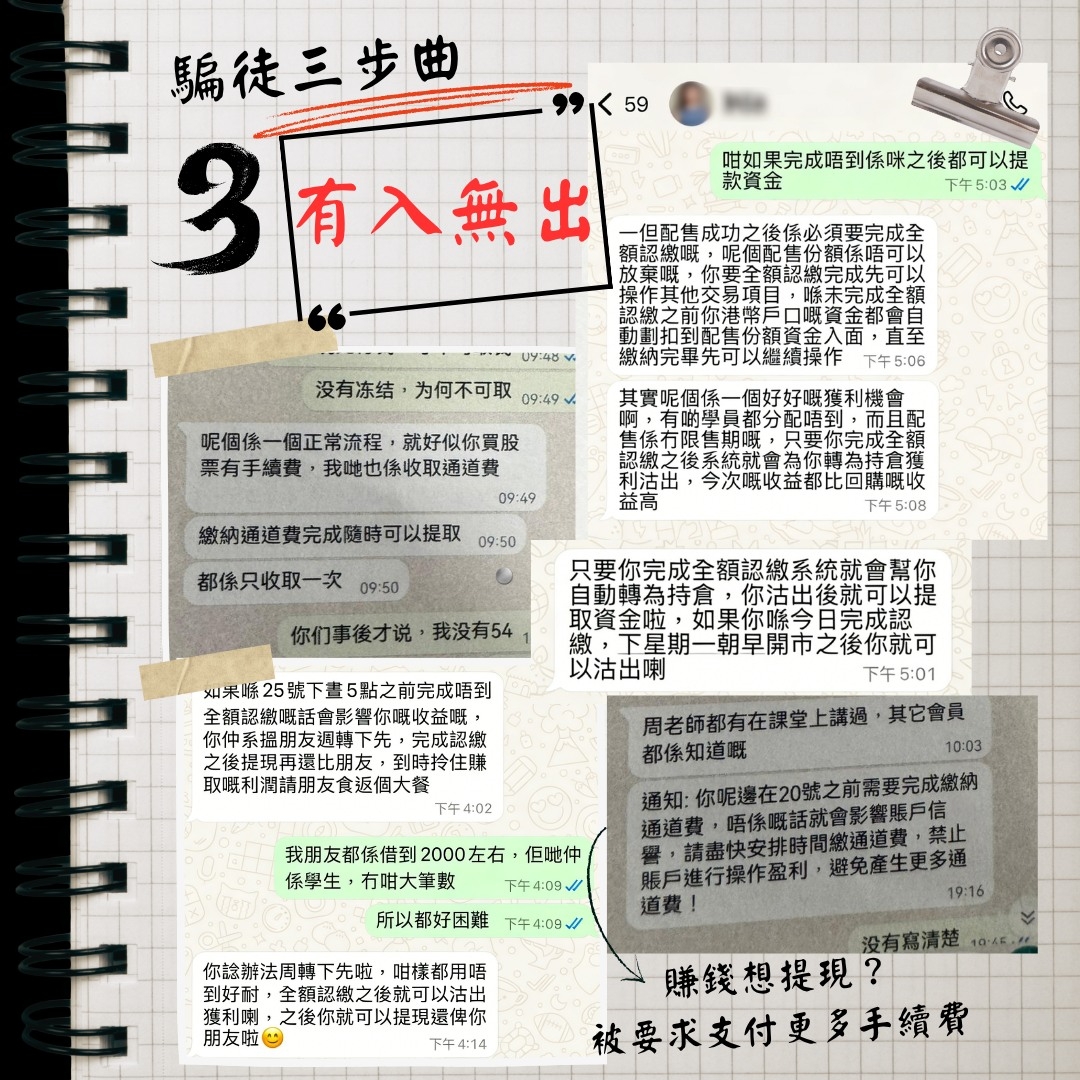 警方提醒，騙徒手法萬變不離其宗，指出在「投資騙局」中，騙徒會分三個階段，將受害人帶入陷阱。（Facebook圖片／CyberDefender 守網者）