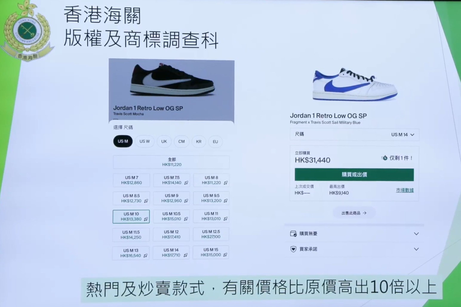 部分波鞋的炒賣價格，可高達原價的5倍至10倍，個別罕有款式甚至高達10倍以上。（海關Facebook直播截圖） 